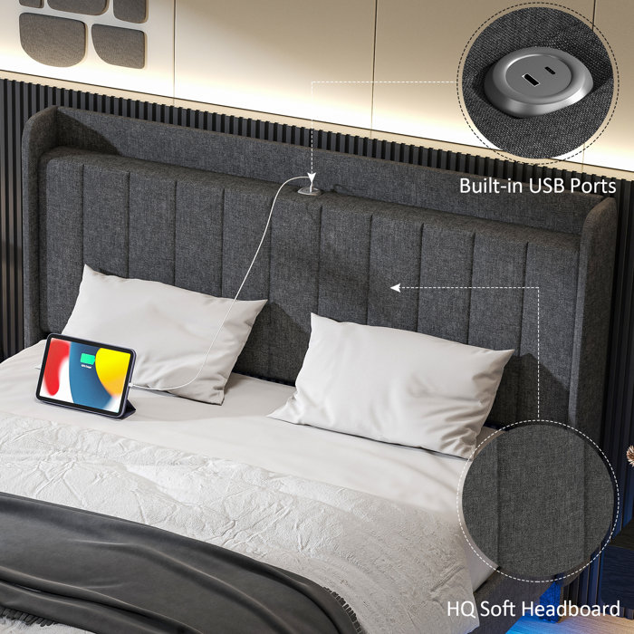 Ivy Bronx LED Upholstered Bed Frame Floating Bed Frame With Wingback Storage Headboard & Reviews